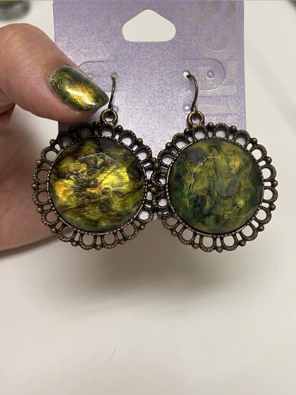 New Green Swirl Filigree Drop Earrings